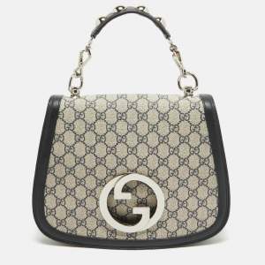 Pre Owned Gucci Navy Blue/Beige GG Supreme Canvas and Leather Blondie Top Handle Bag