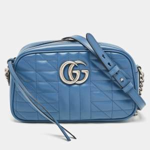 Gucci Blue Quilted Leather Small GG Marmont Crossbody Bag