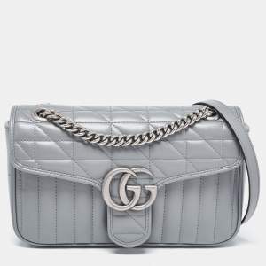 Pre Owned Gucci Grey Mix Quilted Leather Small GG Marmont Shoulder Bag