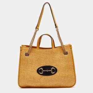 Pre Owned Gucci Yellow Leather and Raffia Horsebit 1955 Chain Tote