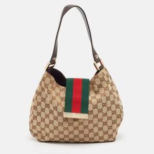 Pre Owned Gucci Brown/Beige GG Canvas and Leather Small New Ladies Web Hobo