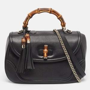 Gucci Black Leather Large New Bamboo Tassel Top Handle Bag