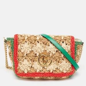 Gucci Multicolor Straw and Leather GG Marmont Crochet Shoulder Bag