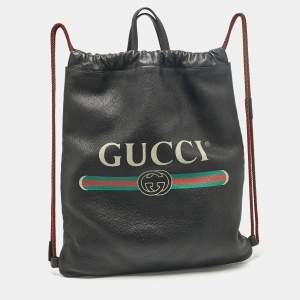 Gucci Black Leather Logo Drawstring Backpack