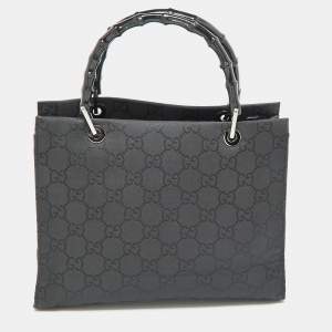Pre Owned Gucci Black GG Nylon Bamboo Tote
