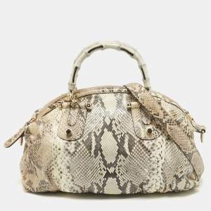 Pre Owned Gucci Beige Python Pop Bamboo Satchel