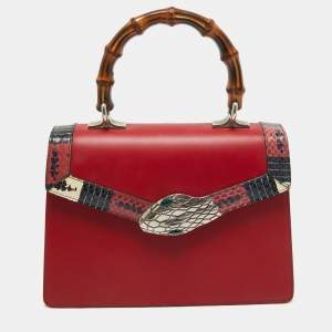 Gucci Red Leather and Snakeskin Lilith Top Handle Bag