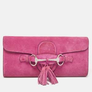 Gucci Pink Suede Crystals Horsebit Broadway Clutch