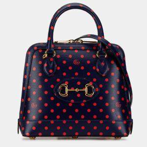 Gucci Navy Blue Leather Small Horsebit 1955 Polka Dot Top Handle Satchel Bag