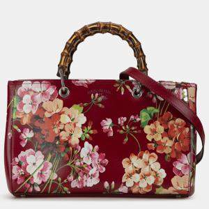 Gucci Red Leather Medium Blooms Bamboo Shopper Bag