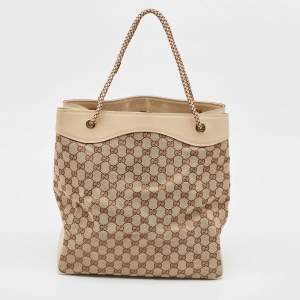 Pre Owned Gucci Beige Canvas Leather Tote