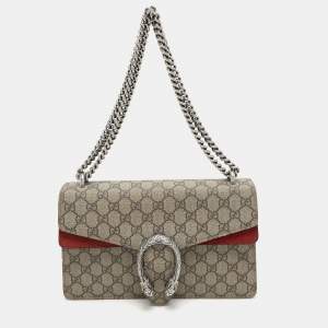 Pre Owned Gucci Beige/Red GG SupremeCanvas and Suede Small Dionysus Shoulder Bag