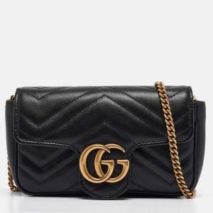 Pre Owned Gucci Black Matelassé Leather Super Mini GG Marmont Shoulder Bag
