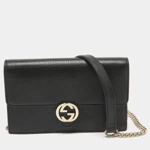 Gucci Black Leather Leather Interlocking G Wallet On Chain