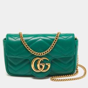 Pre Owned Gucci Green Matelassé Leather Super Mini GG Marmont Shoulder Bag