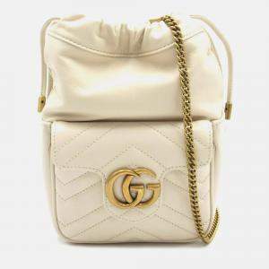 Gucci White Leather GG Marmont Quilted Bucket Shoulder Bag