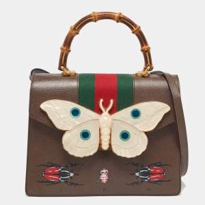 Gucci Brown Leather Medium Bamboo Web Falena Top Handle Bag