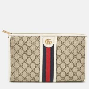 Pre Owned Gucci White/Beige GG Supreme Canvas Ophidia Pouch