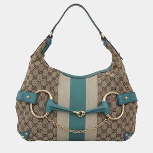 Gucci Blue, Brown Leather, Canvas Oversized Horsebit Hobo Bag 