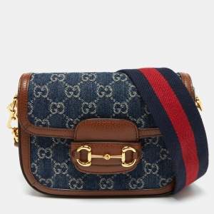 Gucci Blue/Brown GG Denim and Leather Mini Horsebit 1955 Crossbody Bag