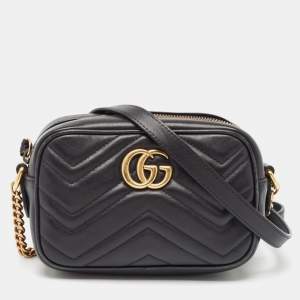 Gucci Black Matelasse Leather Mini GG Marmont Shoulder Bag