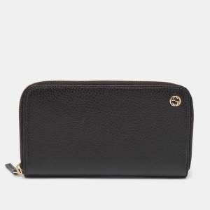 Gucci Black Leather Interlocking G Zip Continental Wallet