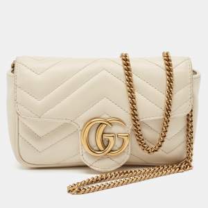 Pre Owned Gucci Off White Matelassé Leather Super Mini GG Marmont Shoulder Bag