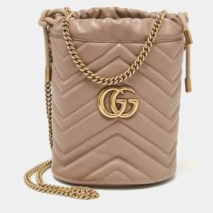 Pre Owned Gucci Beige Matelassé Leather Mini GG Marmont Torchon Bucket Bag      