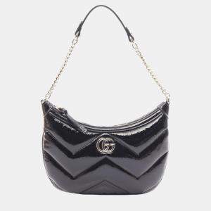 Gucci Black Patent Leather GG Marmont Small Shoulder Bag