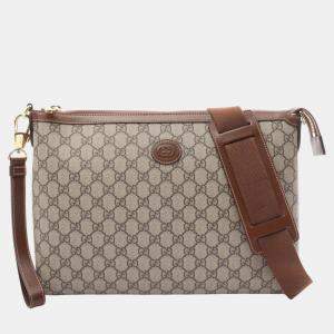 Gucci Beige Brown Coated Canvas Leather GG Supreme Shoulder Bag