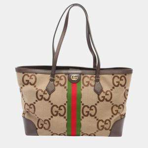 Gucci Beige Brown Multicolor Canvas Leather Medium Tote Jumbo GG Sherry Line Bag