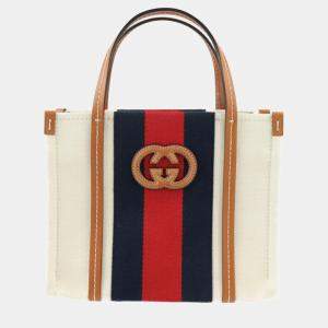 Gucci Beige Red Navy Green Brown Canvas Leather Sherry Line Interlocking G Mini Tote Bag