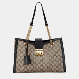 Gucci Beige Black PVC Leather GG Supreme Padlock Chain Shoulder Bag