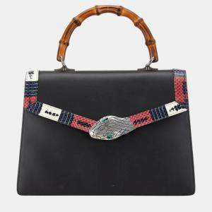 Pre Owned Gucci Black Leather Lilith Coral Snake Bamboo Handbag