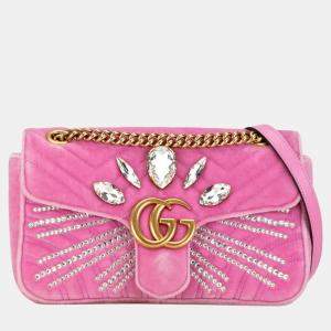 Gucci Pink Velvet GG Marmont Crystal Jewel Chain Shoulder Bag