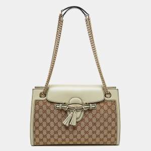 Gucci Beige/White GG Canvas and Leather Large Emily Chain Shoulder Bag