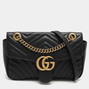 Pre Owned Gucci Black Matelassé Leather Small GG Marmont Shoulder Bag