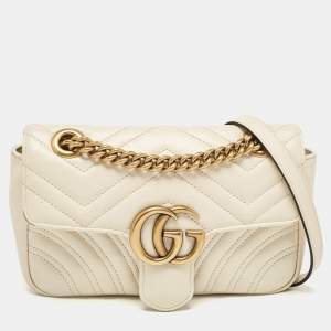 Pre Owned Gucci Off White Matelassé Leather Mini GG Marmont Shoulder Bag