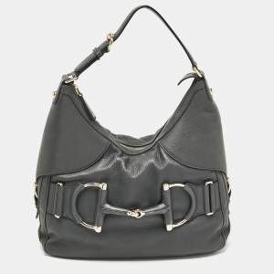 Gucci Dark Grey Leather Medium Web Horsebit Heritage Hobo