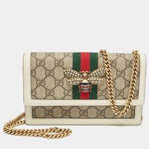 Gucci White/Beige GG Supreme Canvas and Leather Queen Margaret Wallet On Chain