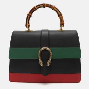 Pre Owned Gucci Tri Color Leather Large Dionysus Bamboo Top Handle Bag
