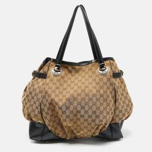 Gucci Beige/Black GG Canvas and Patent Leather Full Moon Tote