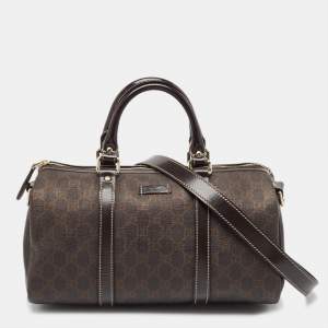 Pre Owned Gucci Dark Brown GG Supreme Canvas and Patent Leather Joy Boston Bag