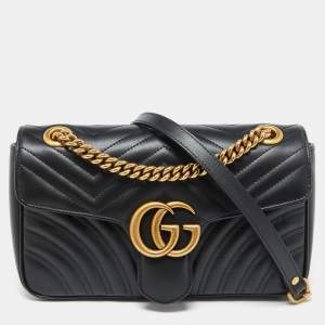 Gucci Black Leather GG Marmont Small Flap Shoulder Bag