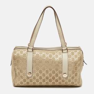 Gucci Off-White GG Suede and Leather Charmy Boston Bag