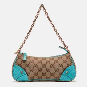 Pre Owned Gucci Beige/Blue GG Canvas and Leather Baguette Bag