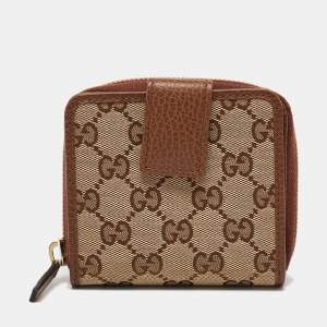 Gucci Beige/Brown GG Canvas and Leather Emblem Zip Mini Wallet