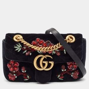 Gucci Black Matelassé Velvet Mini Crystals Embellished GG Marmont Shoulder Bag