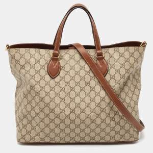 Pre Owned Gucci Beige/Brown GG Supreme Canvas and Leather Soft Tote