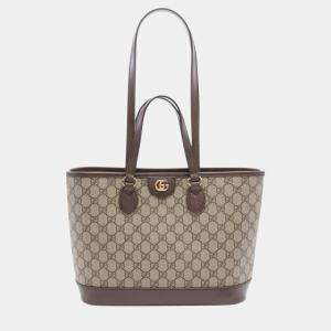 Gucci Coated Canvas Leather Beige Brown Ophidia Small Gg Supreme Tote Bag